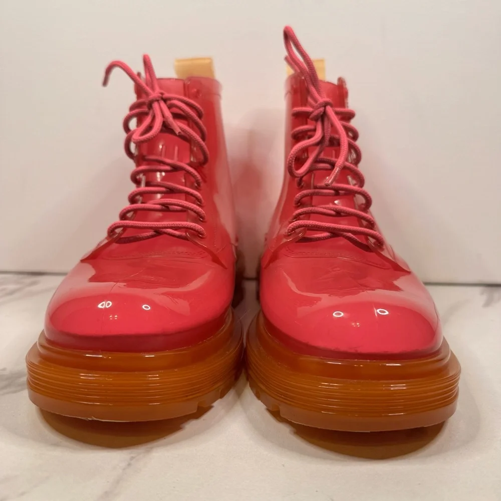 MELISSA Coturno Translucent Platform Lace Up Combat Boots HOT PINK-ORANGE / 7 US - Picture 9 of 14